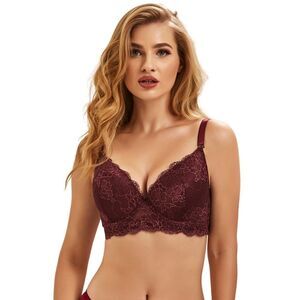 🆕 36D Burgundy Red Comfortable Floral Lace Adjustable Bralette Scalloped